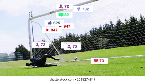 Image of digital data processing over african american football goal keeper on field. Global sports, social media, connections, computing and data processing concept digitally generated image. - Powered by Shutterstock