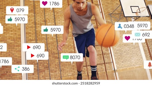 Image of digital data processing over caucasian basketball player. Global sports, social media, connections, computing and data processing concept digitally generated image. - Powered by Shutterstock