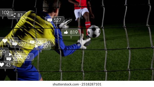 Image of digital data processing over diverse football players on field. Global sports, social media, connections, computing and data processing concept digitally generated image. - Powered by Shutterstock