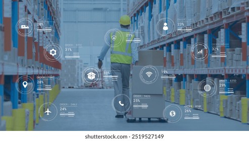 Image of digital data processing over caucasian man working in warehouse. Global shipping, connections, computing and data processing concept digitally generated image.