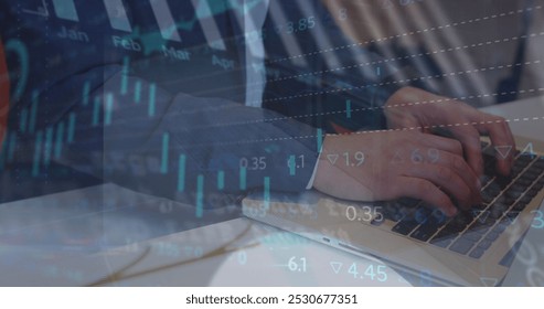 Image of digital data processing over woman using laptop. Global business data processing digital interface and technology concept digitally generated image.