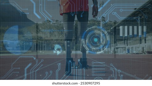 Image of digital data processing over disabled male athlete with running blades on running track. global sports, competition, disability and digital interface concept digitally generated image. - Powered by Shutterstock