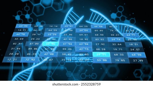 Image of digital data processing over dna stands and binary coding. Global science, connections, computing and data processing concept digitally generated image.