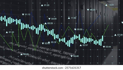 Image of digital data processing over computer servers. Global connections, computing and data processing concept digitally generated image.