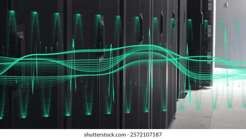 Image of digital data processing over computer servers. Global connections, computing and data processing concept digitally generated image.
