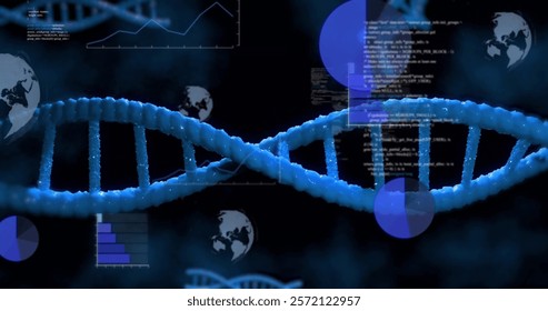 Image of digital data processing over dna strand. Global science, connections, computing and data processing concept digitally generated image.