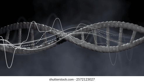 Image of digital data processing over dna strand. Global science, connections, computing and data processing concept digitally generated image.