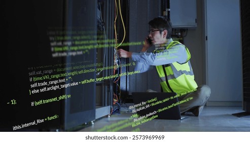 Image of digital data processing over it asian male technician computer servers. Global connections, computing and data processing concept digitally generated image.