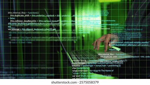 Image of digital data processing over biracial male it engineer and laptop by computer servers. Global cyber security, connections, computing and data processing concept digitally generated image.