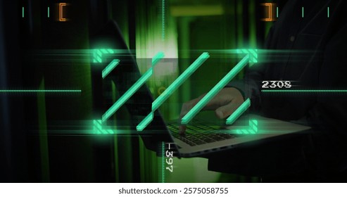 Image of digital data processing over biracial male it engineer and laptop by computer servers. Global cyber security, connections, computing and data processing concept digitally generated image.