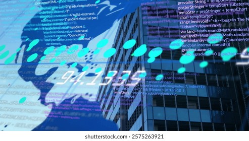 Image of digital data processing over world map and cityscape. Global connections, computing and data processing concept digitally generated image.