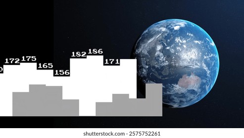 Image of digital data processing over globe on dark background. Global connections, computing and data processing concept digitally generated image.