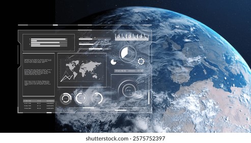 Image of digital data processing over globe on dark background. Global connections, computing and data processing concept digitally generated image.