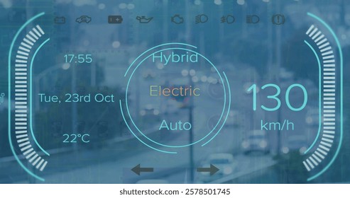 Image of digital data processing over electric car screen and cityscape. Global connections, computing and data processing concept digitally generated image.
