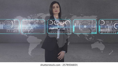 Image of digital data processing over screens, world map and caucasian businesswoman. Global cyber security, connections, computing and data processing concept digitally generated image.