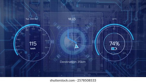 Image of digital data processing over computer circuit board. Global connections, computing and data processing concept digitally generated image.