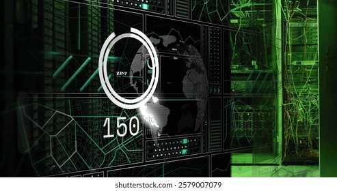 Image of digital data processing over computer servers. Global connections, computing and data processing concept digitally generated image.