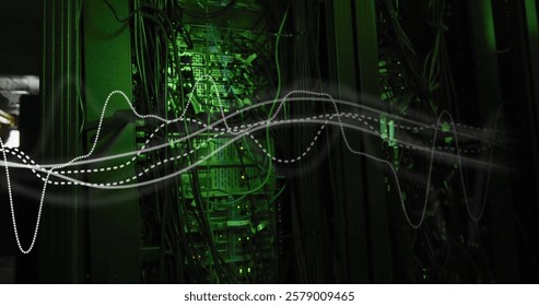 Image of digital data processing over computer servers. Global connections, computing and data processing concept digitally generated image.