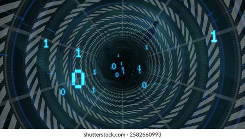 Image of digital data processing over binary coding and chain tunnel. Global connections, computing and data processing concept digitally generated image.