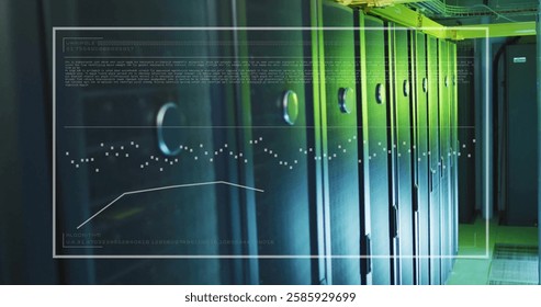 Image of digital data processing over computer servers. Global connections, computing and data processing concept digitally generated image.