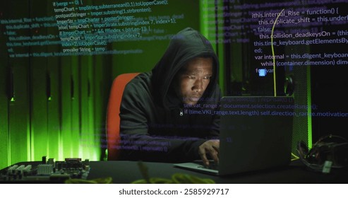 Image of digital data processing over african american man using laptop by computer servers. Global connections, computing and data processing concept digitally generated image.