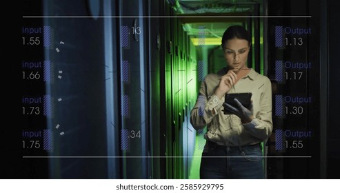 Image of digital data processing over caucasian woman by computer servers. Global connections, computing and data processing concept digitally generated image.