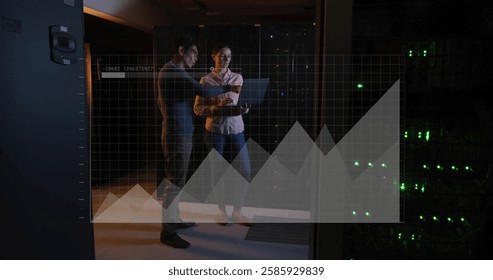 Image of digital data processing over diverse people with laptop by computer servers. Global connections, computing and data processing concept digitally generated image.