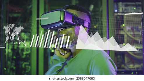 Image of digital data processing over afrcian american iman with vr headset by computer servers. Global connections, computing and data processing concept digitally generated image.