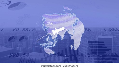 Image of digital data processing over globe and cityscape. Global connections, computing and data processing concept digitally generated image.