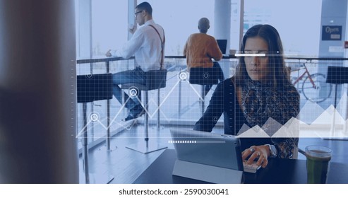 Image of digital data processing over caucasian businesswoman using tablet. Global finance, business, connections, computing and data processing concept digitally generated image.