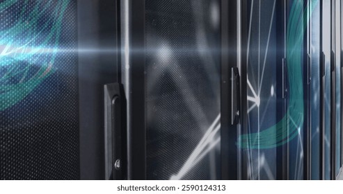 Image of digital data processing over computer servers. Global cyber security, connections, computing and data processing concept digitally generated image.