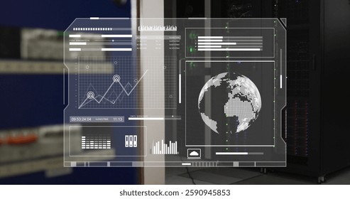 Image of digital data processing over computer servers. Global connections, computing and data processing concept digitally generated image.