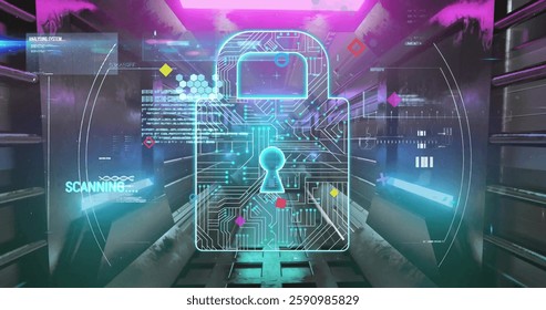 Image of digital data processing over padlock icon. Global cyber online, connections, computing and data processing concept digitally generated image.