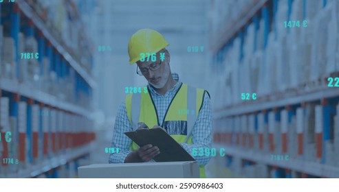 Image of digital data processing over caucasian man working in warehouse. Global shipping, connections, computing and data processing concept digitally generated image.