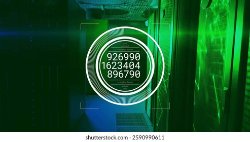Image of digital data processing over computer servers. Global connections, computing and data processing concept digitally generated image.