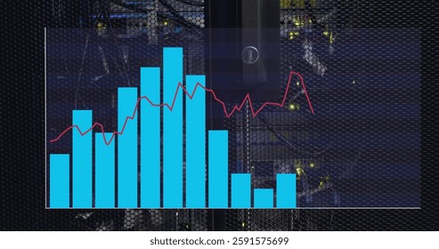 Image of digital data processing over computer servers. Global connections, computing and data processing concept digitally generated image.
