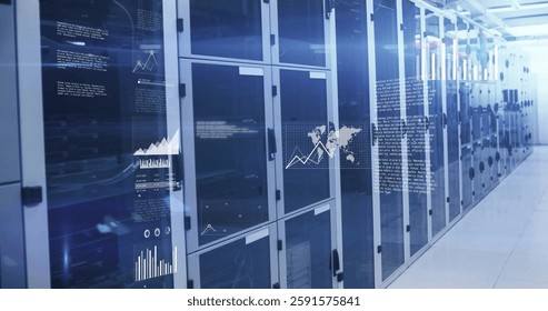 Image of digital data processing over computer servers. Global connections, computing and data processing concept digitally generated image.