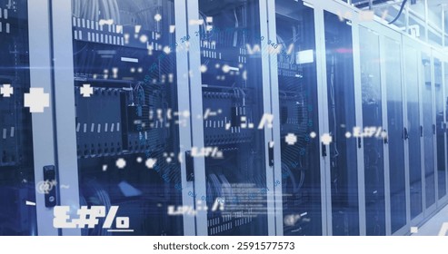 Image of digital data processing over computer servers. Global connections, computing and data processing concept digitally generated image.