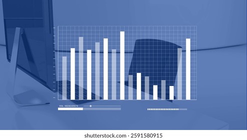 Image of digital data processing over computer on desk in office. Global connections, computing and data processing concept digitally generated image.