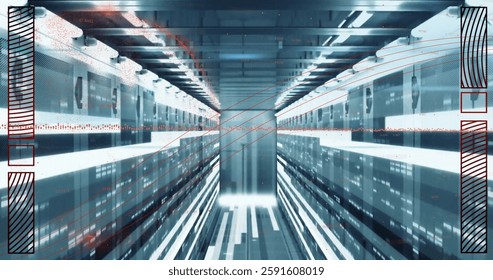 Image of digital data processing over computer servers. Global connections, computing and data processing concept digitally generated image.