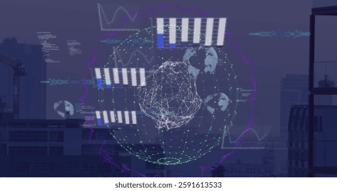 Image of digital data processing over globe and computer servers. Global connections, computing and data processing concept digitally generated image.