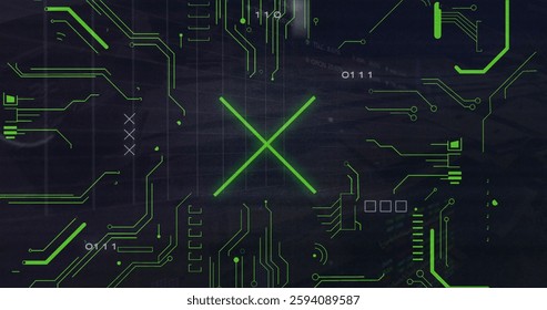 Image of digital data processing over computer circuit board. Global connections, computing and data processing concept digitally generated image.