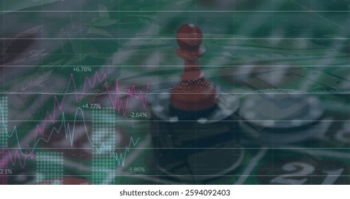 Image of digital data processing over casino chips on board. Global game, gambling, connections, computing and data processing concept digitally generated image.