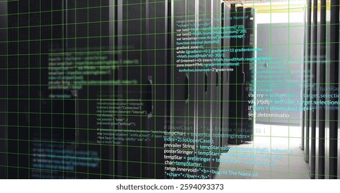 Image of digital data processing over computer servers. Global connections, computing and data processing concept digitally generated image.