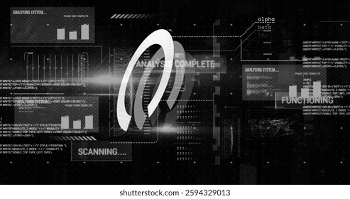 Image of digital data processing over black background. Global connections, computing and data processing concept digitally generated image.