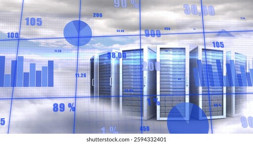 Image of digital data processing over computer servers. Global connections, cloud computing and data processing concept digitally generated image.