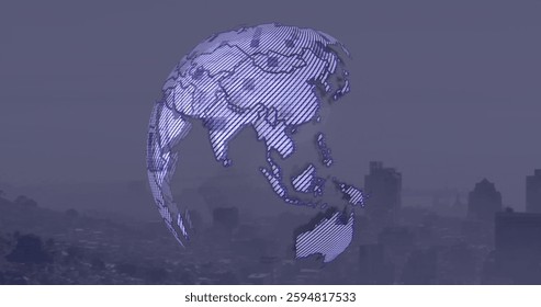Image of digital data processing over globe and cityscape. Global connections, computing and data processing concept digitally generated image.