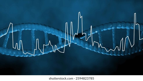 Image of digital data processing over dna strand spinning. Global science, connections, computing and data processing concept digitally generated image.