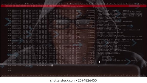 Image of digital data processing over caucasian male hacker. Global cyber security, connections, computing and data processing concept digitally generated image.