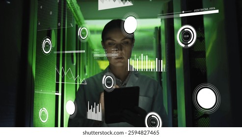 Image of digital data processing over caucasian female it technician and computer servers. Global connections, computing and data processing concept digitally generated image.